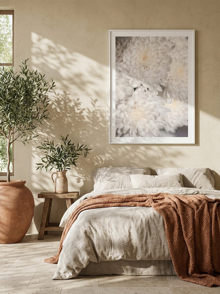 Modern wall art print styled on the wall in a Mediterranean bedroom