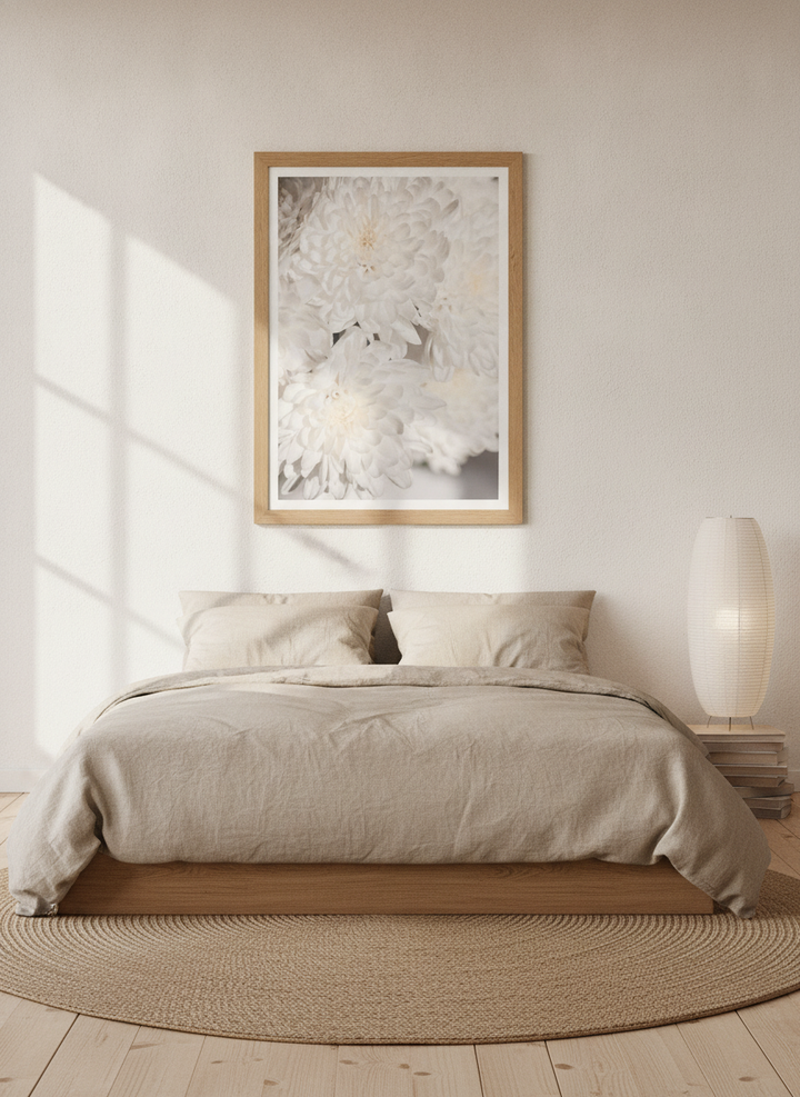 Modern wall art print styled on the wall in a warm Japandi bedroom