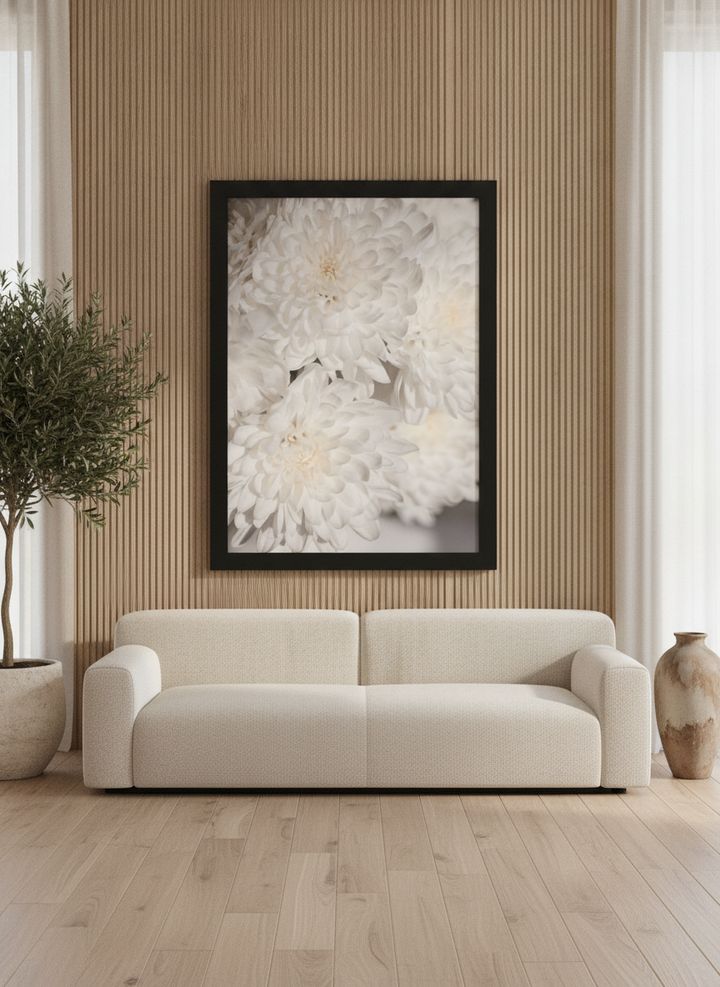 Oversized statement modern wall art print styled on the wall in a luxe living room