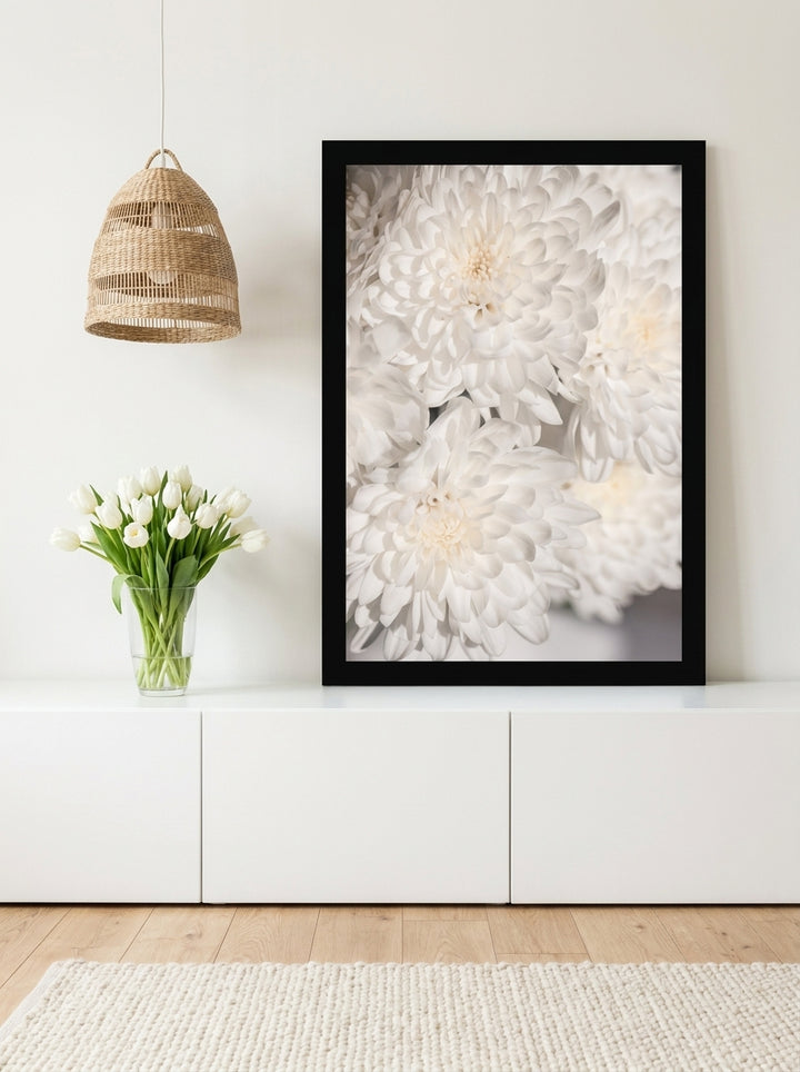 Modern wall art print standing on a sideboard in a bright Scandinavian bathroom
