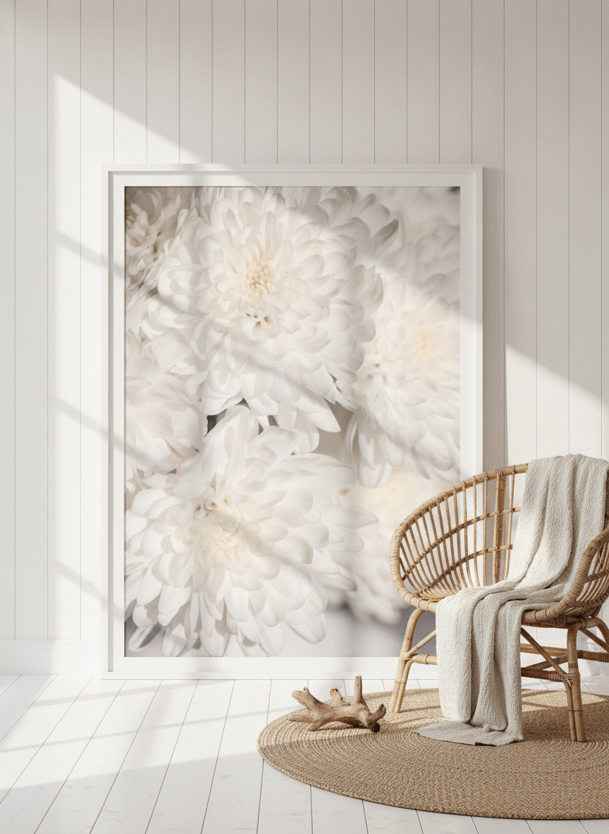 Oversized statement modern wall art print leaning against the wall in a coastal living room
