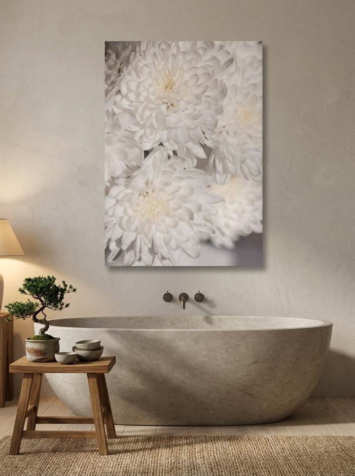 Stretched canvas wall art styled on the wall in a warm Japandi bathroom