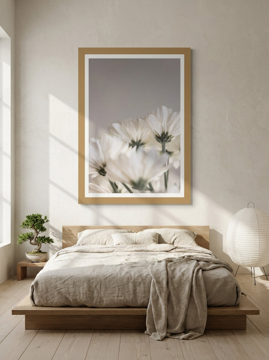 Modern wall art print styled on the wall in a warm Japandi bedroom