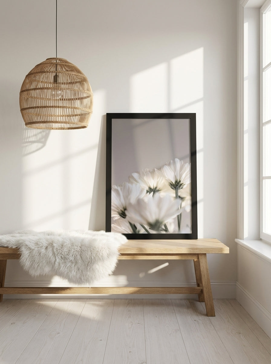 Modern wall art print standing on a bench in a bright Scandinavian bathroom