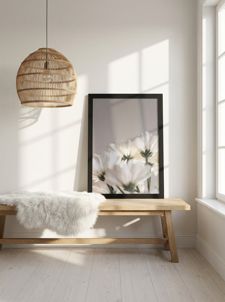 Modern wall art print standing on a bench in a bright Scandinavian bathroom