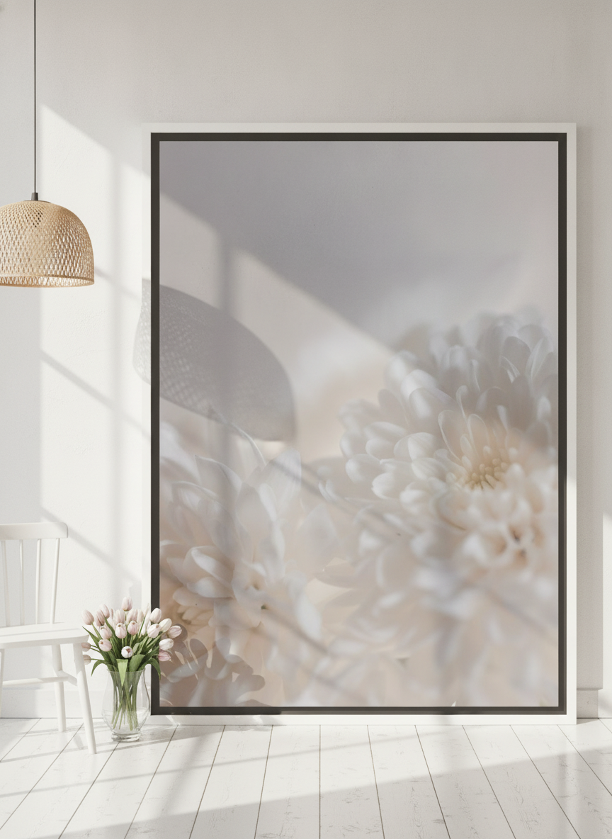 Oversized statement canvas wall art with a white surround leaning against the wall in a bright Scandinavian nursery