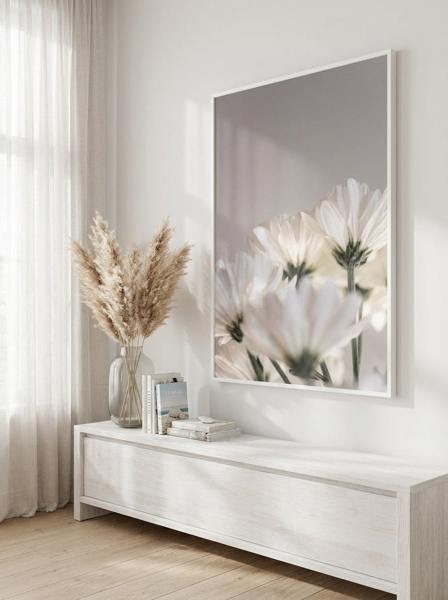 Oversized statement modern wall art print styled on the wall in a coastal living room