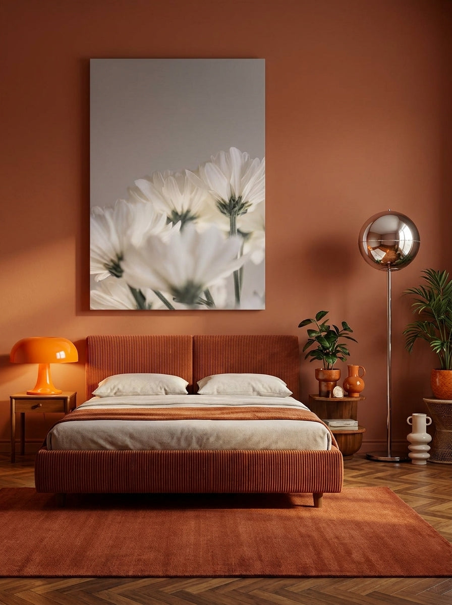 Stretched canvas wall art styled on the wall in a retro 70s bedroom