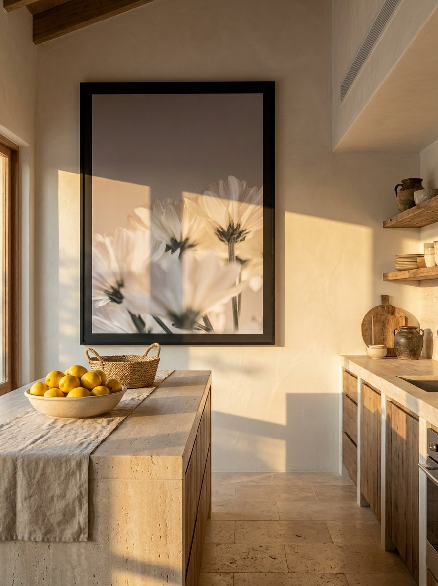 Oversized statement modern wall art print styled on the wall in a Mediterranean kitchen