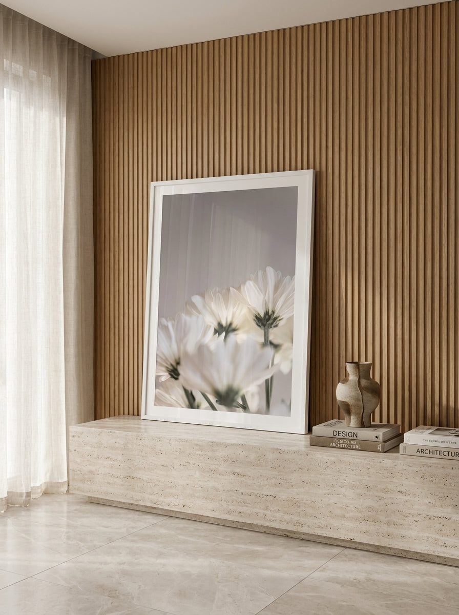 Modern wall art print standing on a console in a luxe home office
