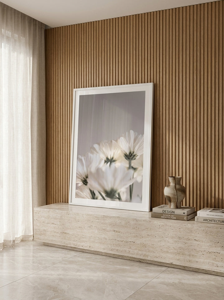 Modern wall art print standing on a console in a luxe home office