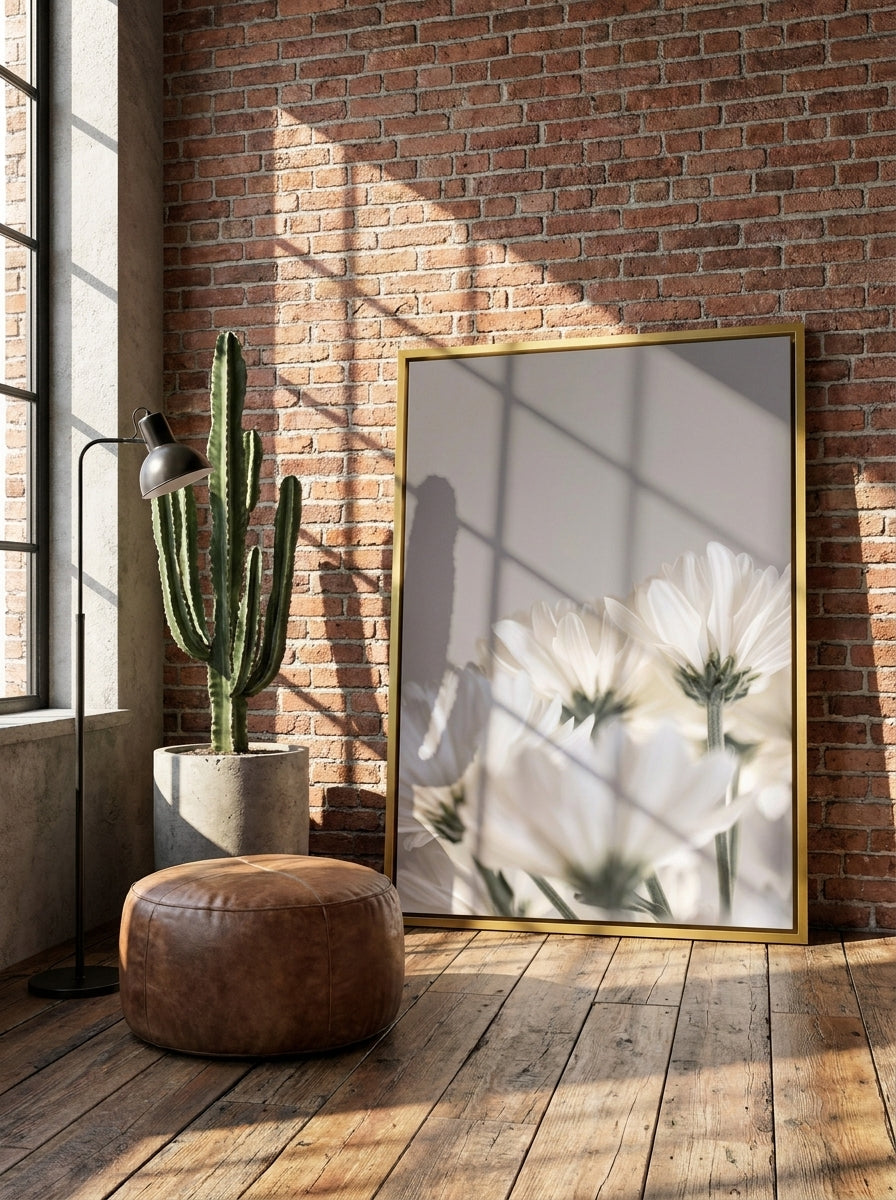 Oversized statement canvas wall art with a gold leaf surround leaning against the wall in an industrial loft kitchen