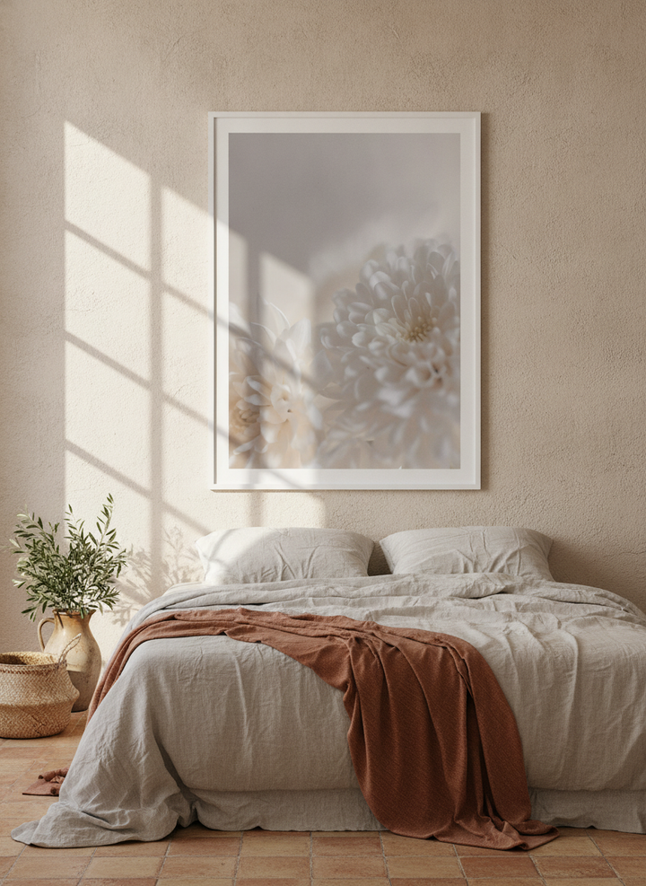 Modern wall art print styled on the wall in a Mediterranean bedroom