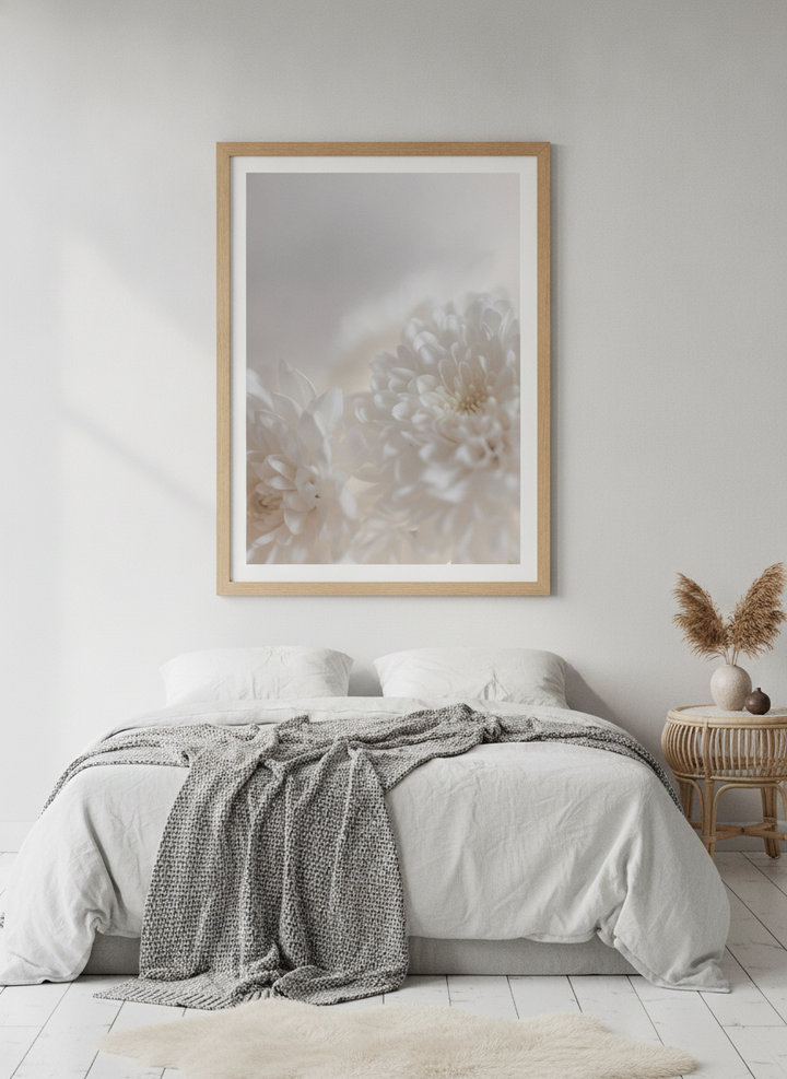 Modern wall art print styled on the wall in a bright Scandinavian bedroom