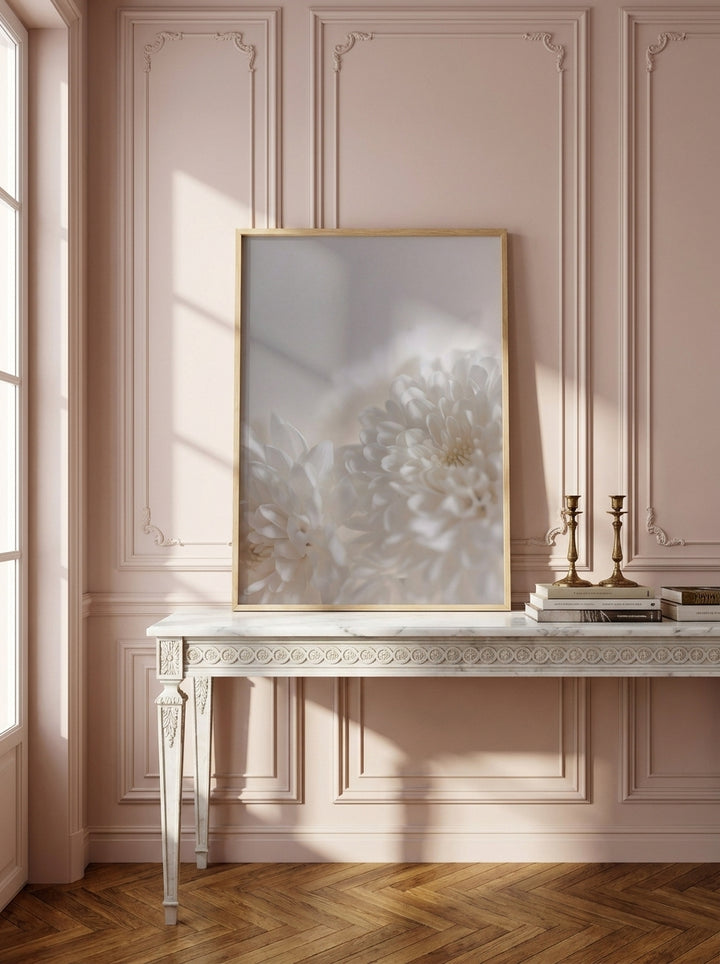 Modern wall art print standing on a console in a Parisian dining room