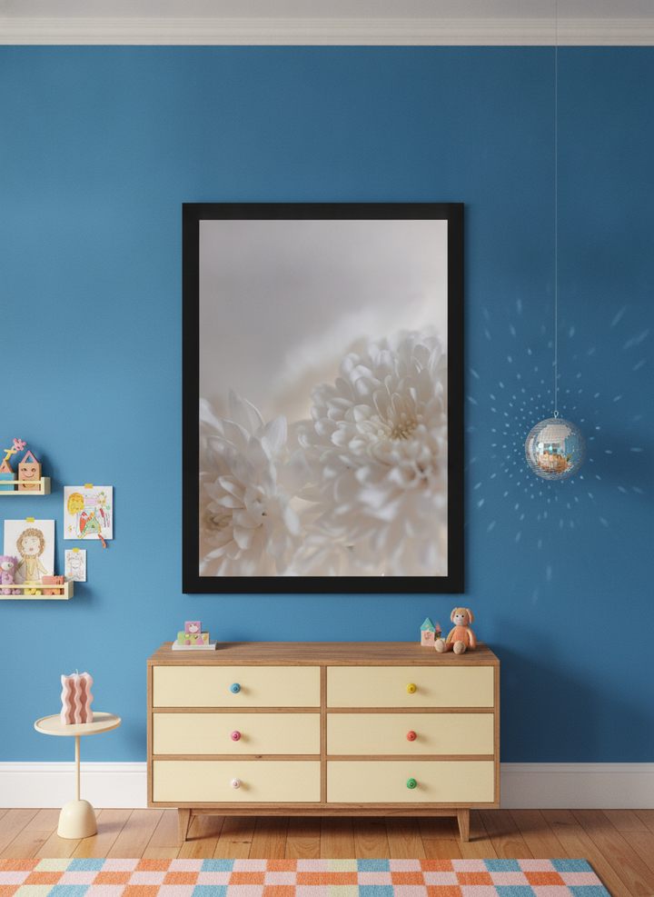 Oversized statement modern wall art print styled on the wall in a colourful eclectic nursery