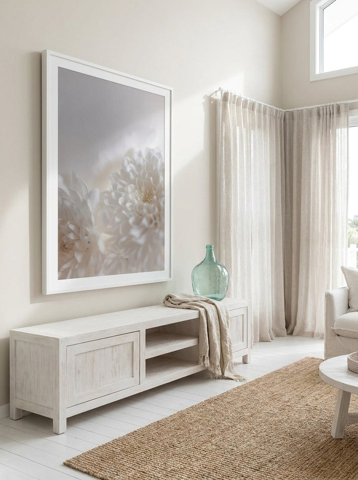 Oversized statement modern wall art print styled on the wall in a coastal living room