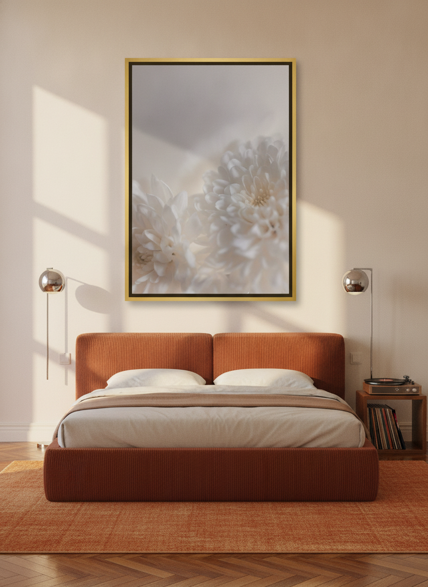 Canvas wall art with a gold leaf surround styled on the wall in a retro 70s bedroom