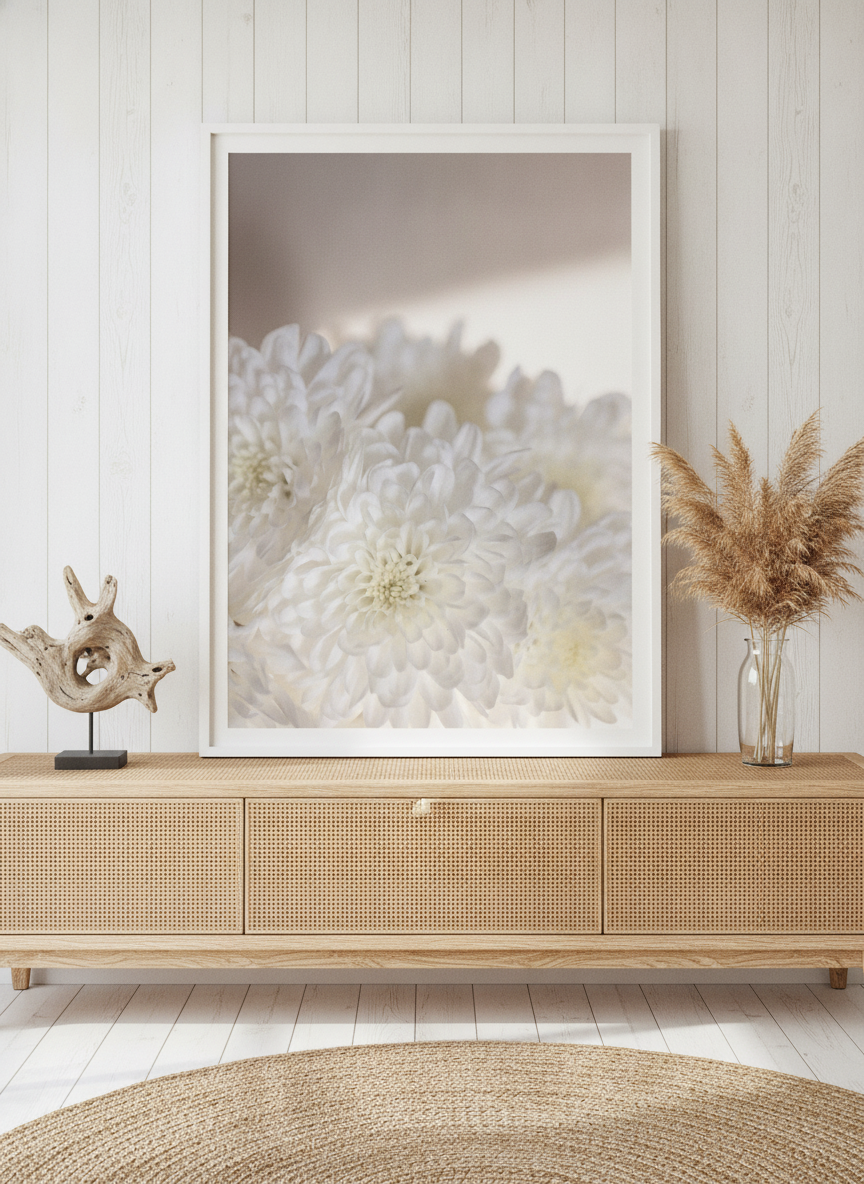 Modern wall art print standing on a sideboard in a coastal bathroom