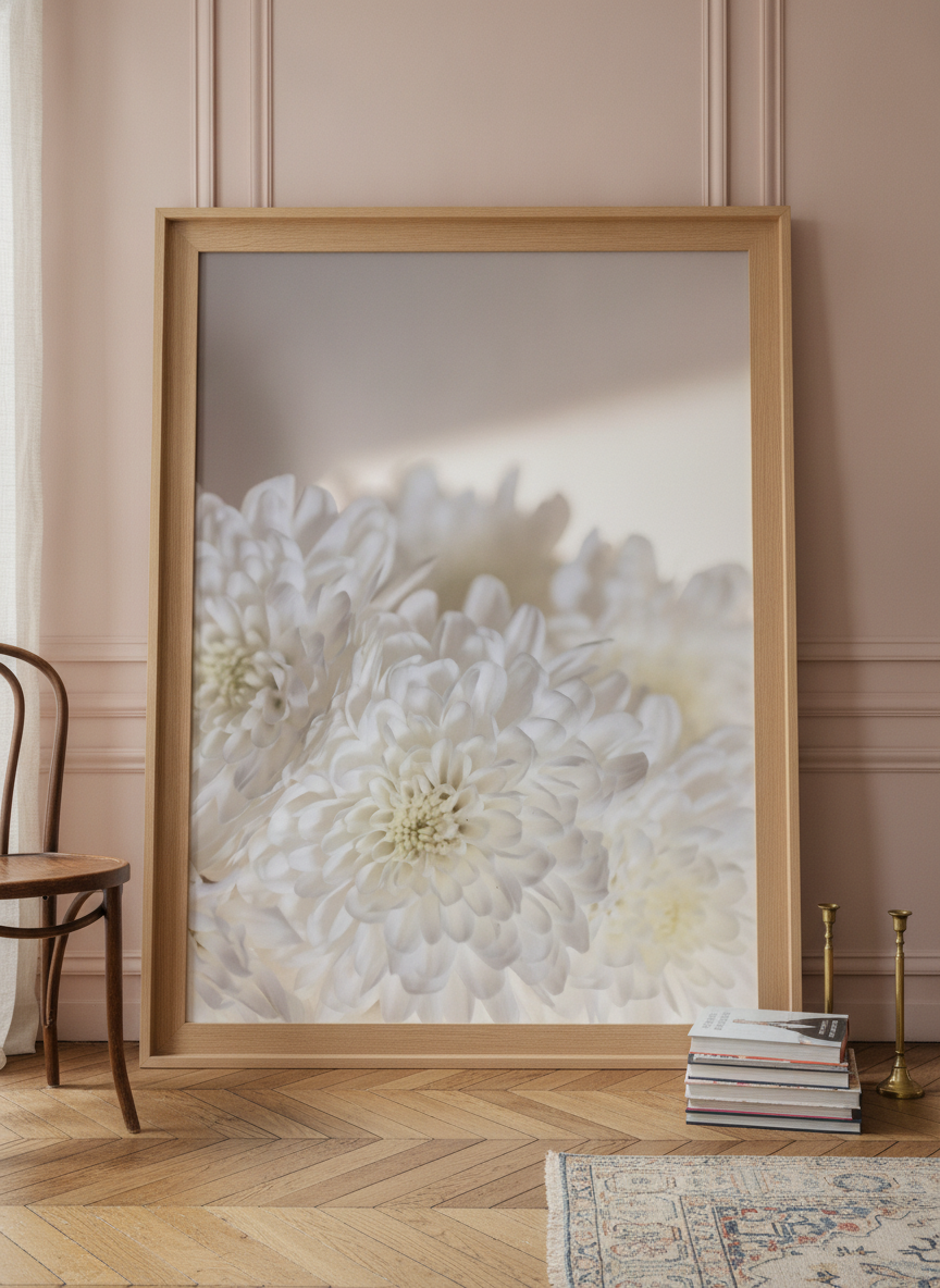 Oversized statement modern wall art print leaning against the wall in a Parisian dining room