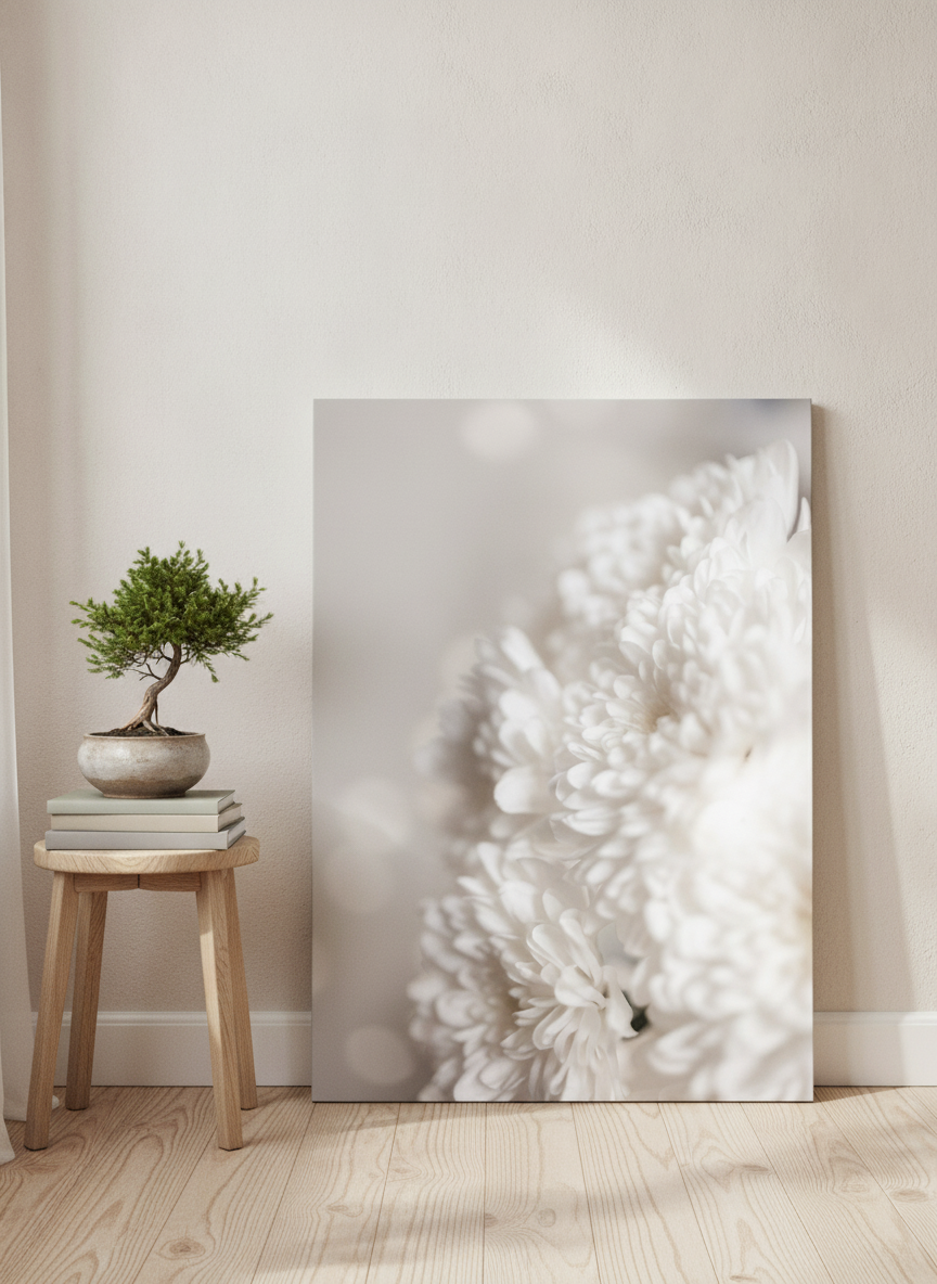 Stretched canvas wall art leaning against the wall in a warm Japandi bathroom