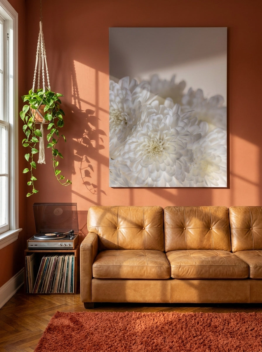 Stretched canvas wall art styled on the wall in a retro 70s living room