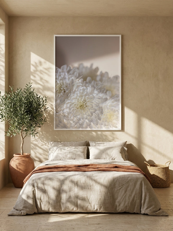 Modern wall art print styled on the wall in a Mediterranean bedroom