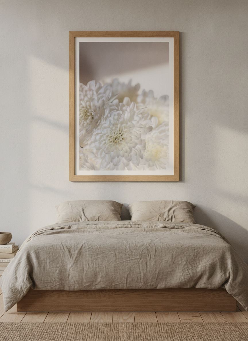 Modern wall art print styled on the wall in a warm Japandi bedroom