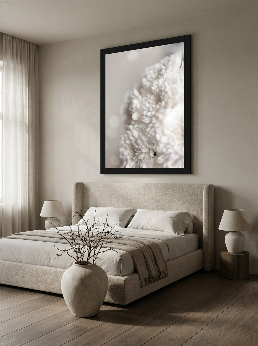 Oversized statement modern wall art print styled on the wall in a luxe bedroom