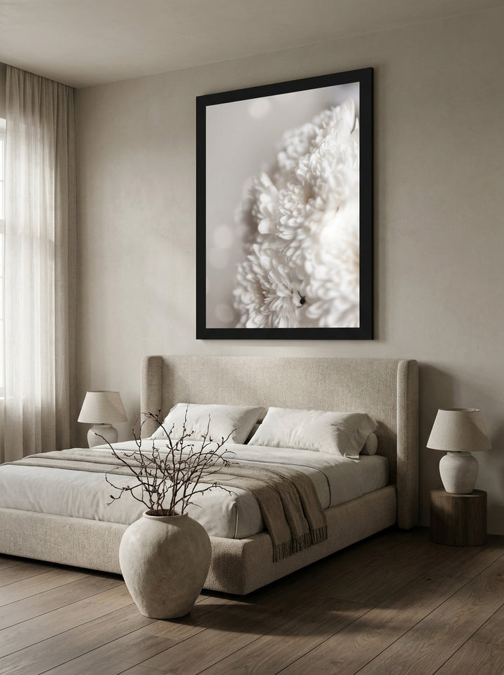 Oversized statement modern wall art print styled on the wall in a luxe bedroom