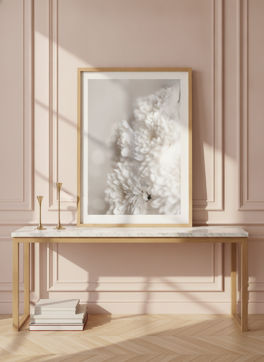 Modern wall art print standing on a console in a Parisian dining room