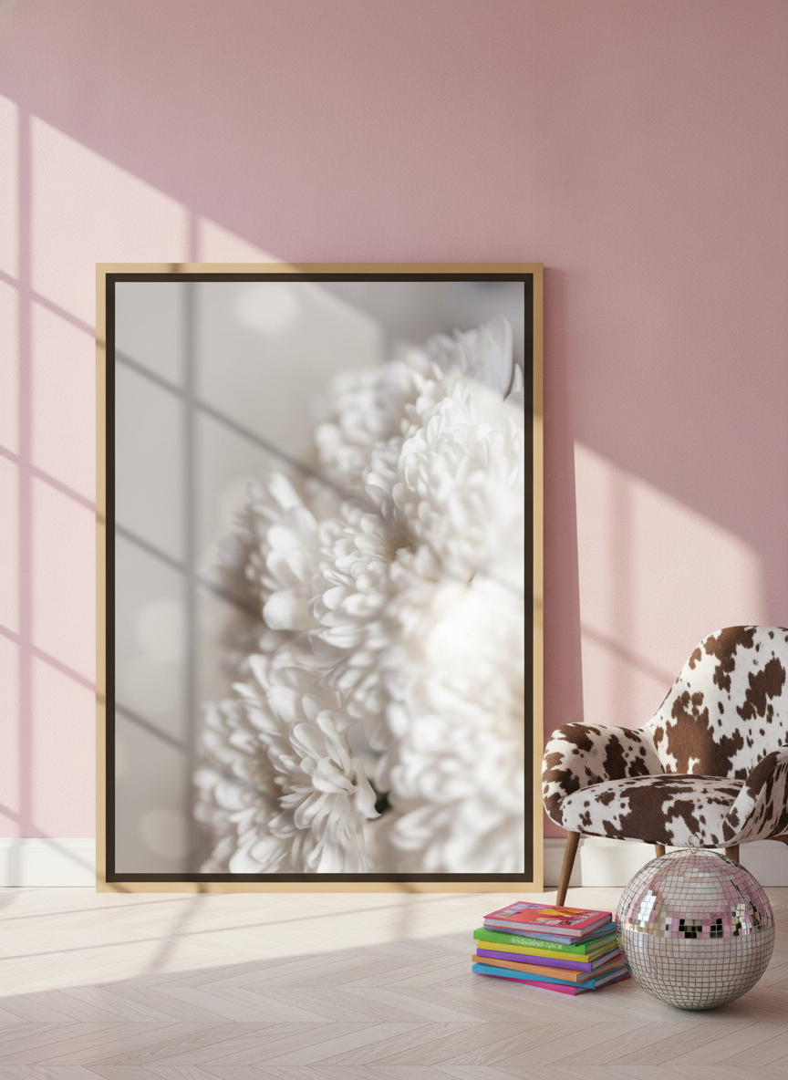 Oversized statement canvas wall art with a natural timber surround leaning against the wall in a colourful eclectic living room