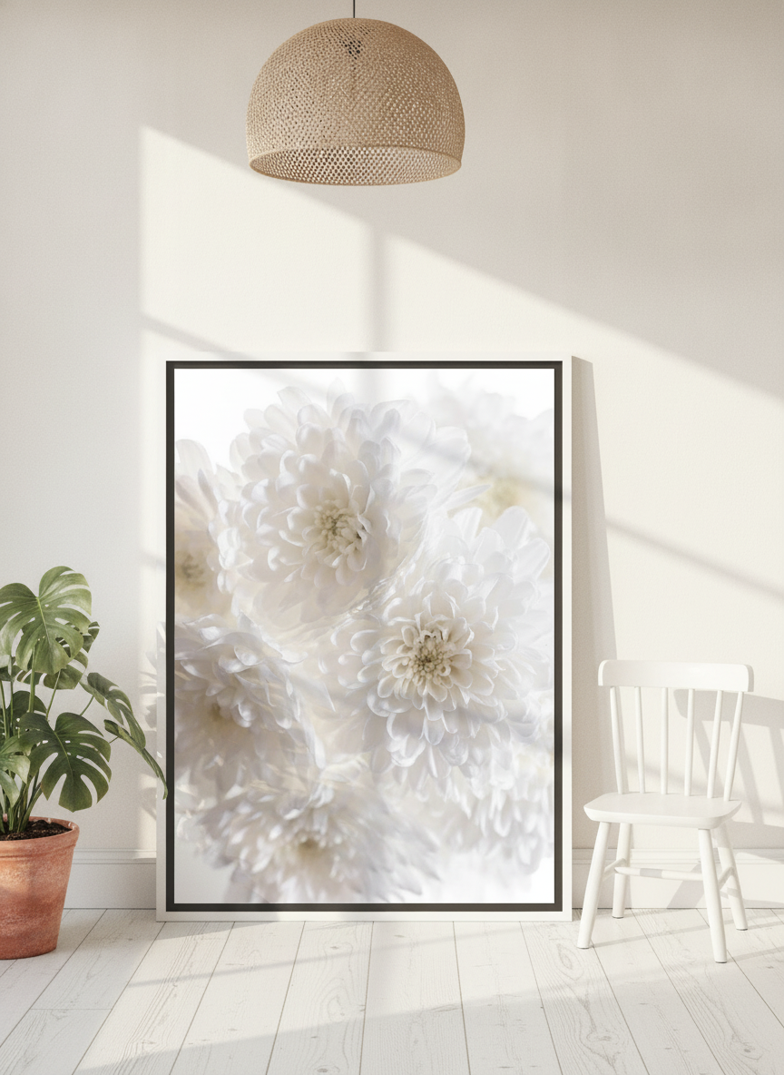 Canvas wall art with a white surround leaning against the wall in a bright Scandinavian nursery