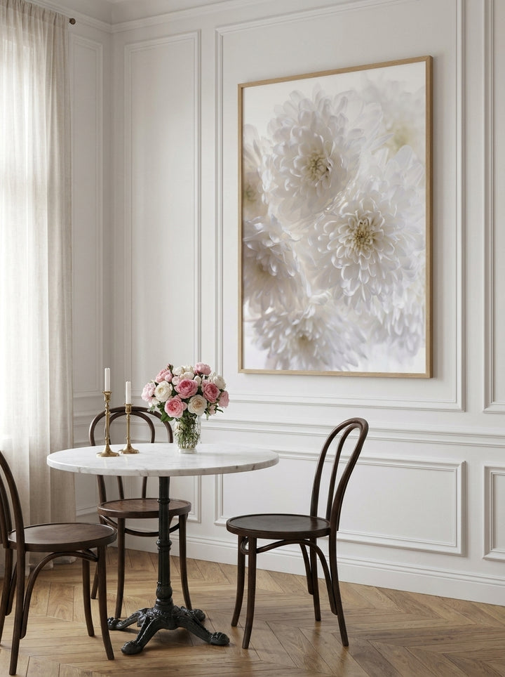 Oversized statement modern wall art print styled on the wall in a Parisian dining room