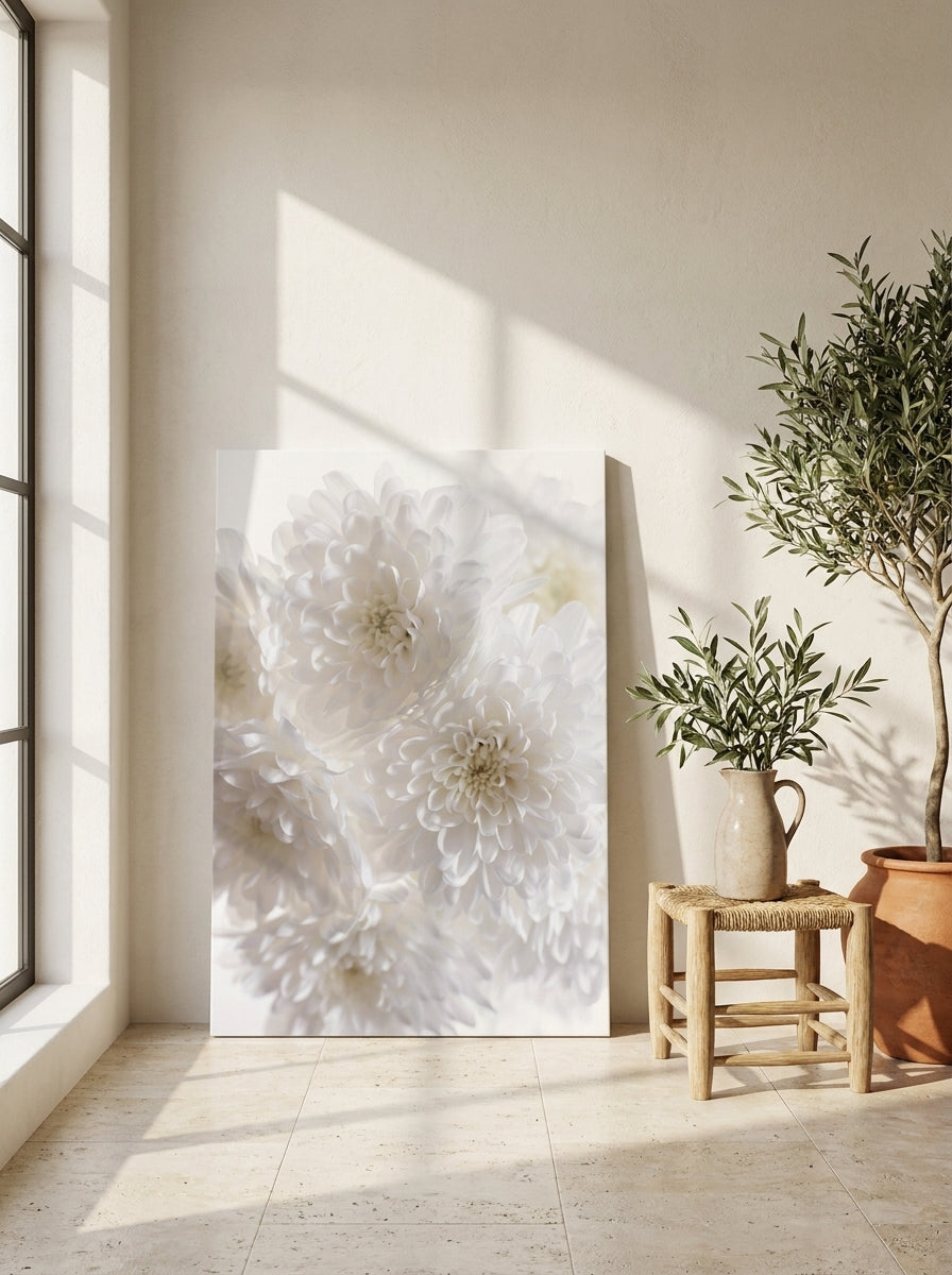 Stretched canvas wall art leaning against the wall in a Mediterranean living room