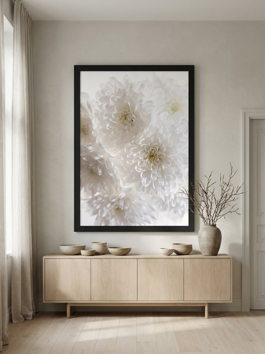 Oversized statement modern wall art print styled on the wall in a warm Japandi living room