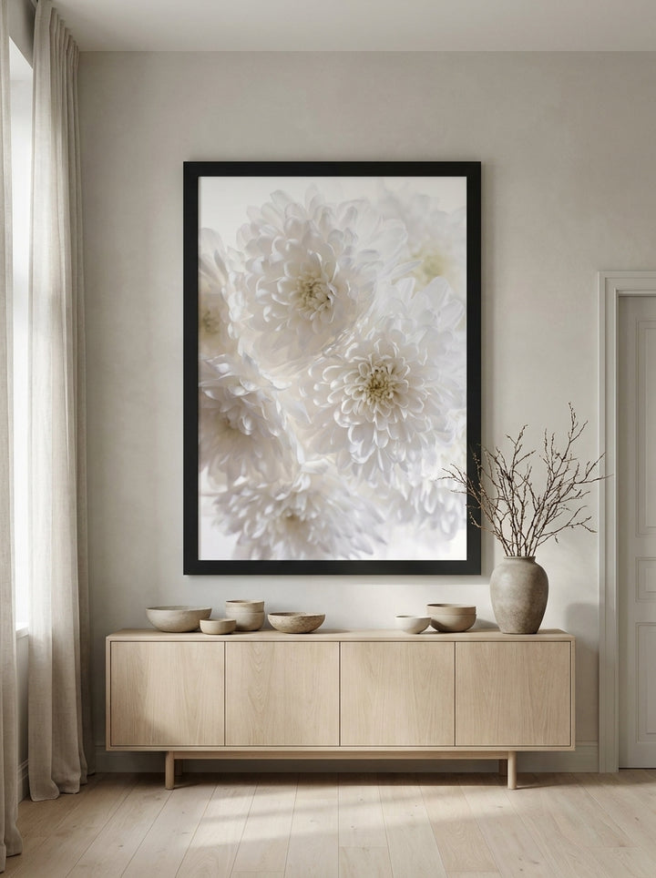 Oversized statement modern wall art print styled on the wall in a warm Japandi living room