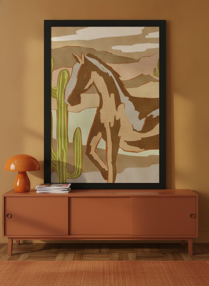 Modern wall art print standing on a sideboard in a retro 70s home office