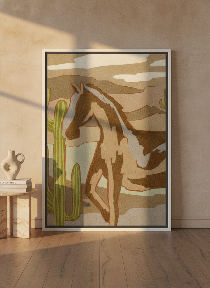 Oversized statement canvas wall art with a white surround leaning against the wall in a luxe living room