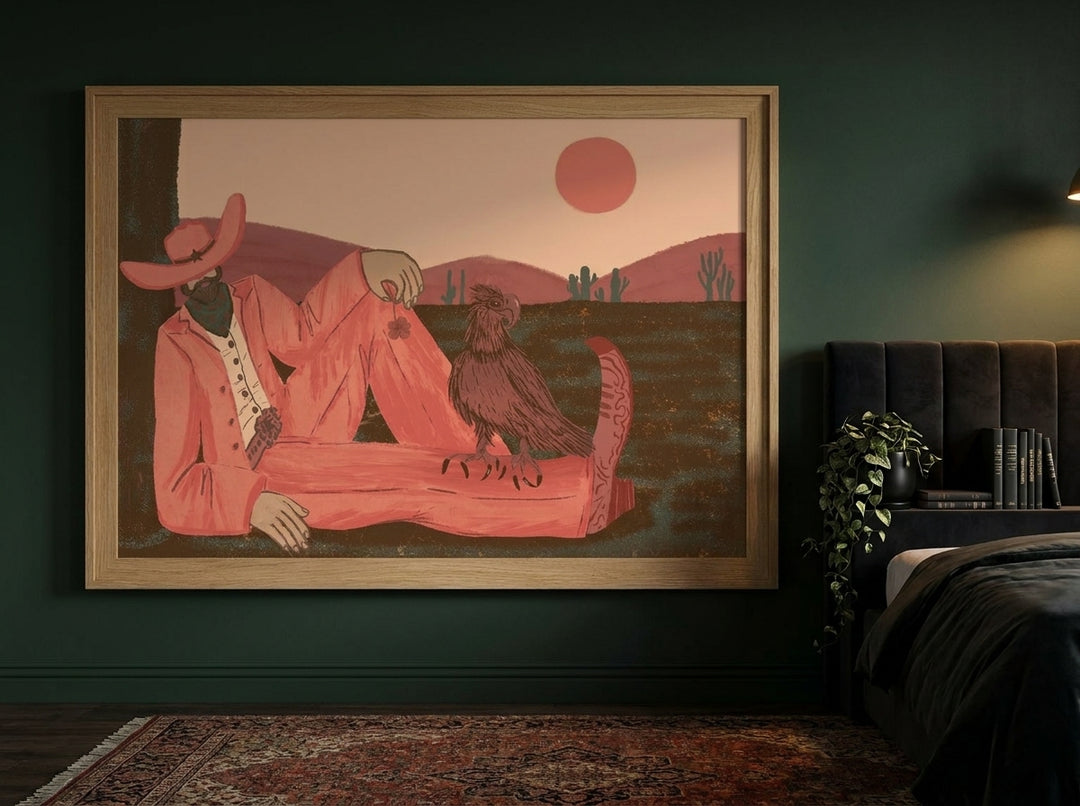 Modern wall art print styled on the wall in a moody bedroom