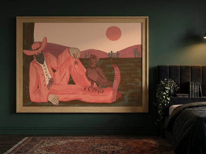 Modern wall art print styled on the wall in a moody bedroom