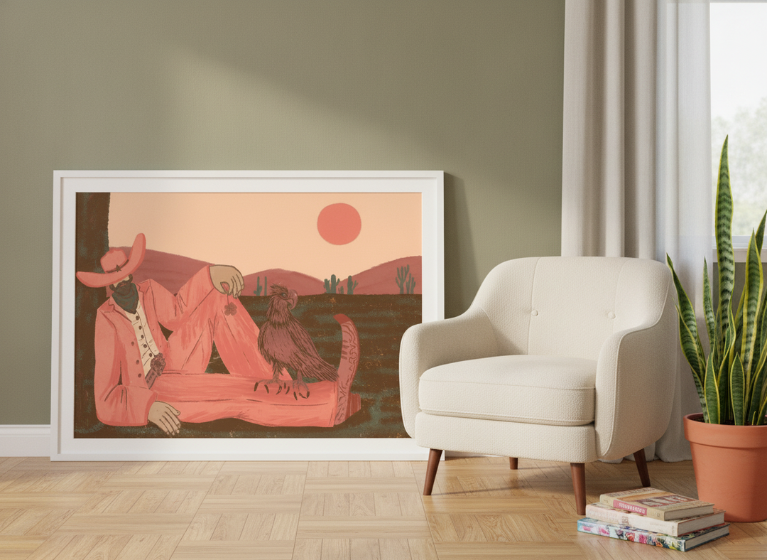 Modern wall art print leaning against the wall in a mid-century living room