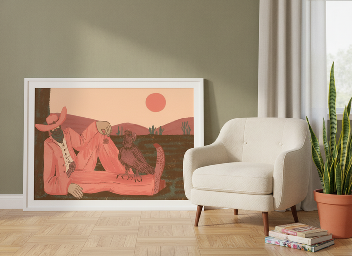 Modern wall art print leaning against the wall in a mid-century living room