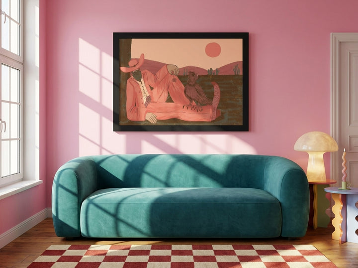 Oversized statement modern wall art print styled on the wall in a colourful eclectic living room