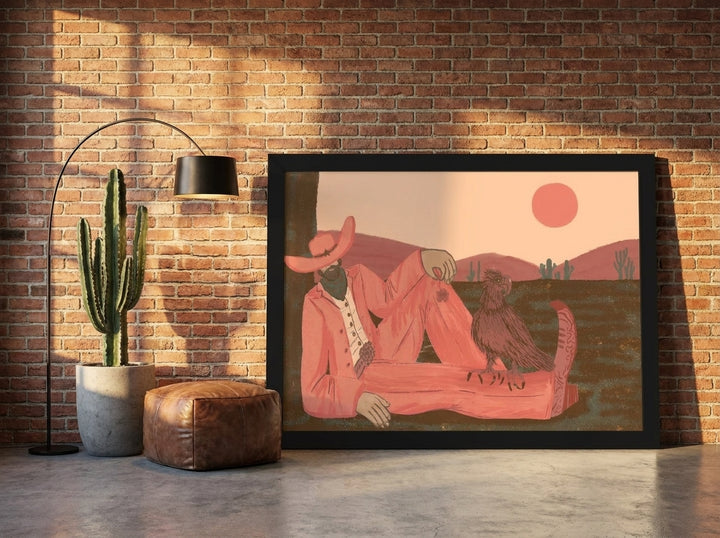 Oversized statement modern wall art print leaning against the wall in an industrial loft dining room