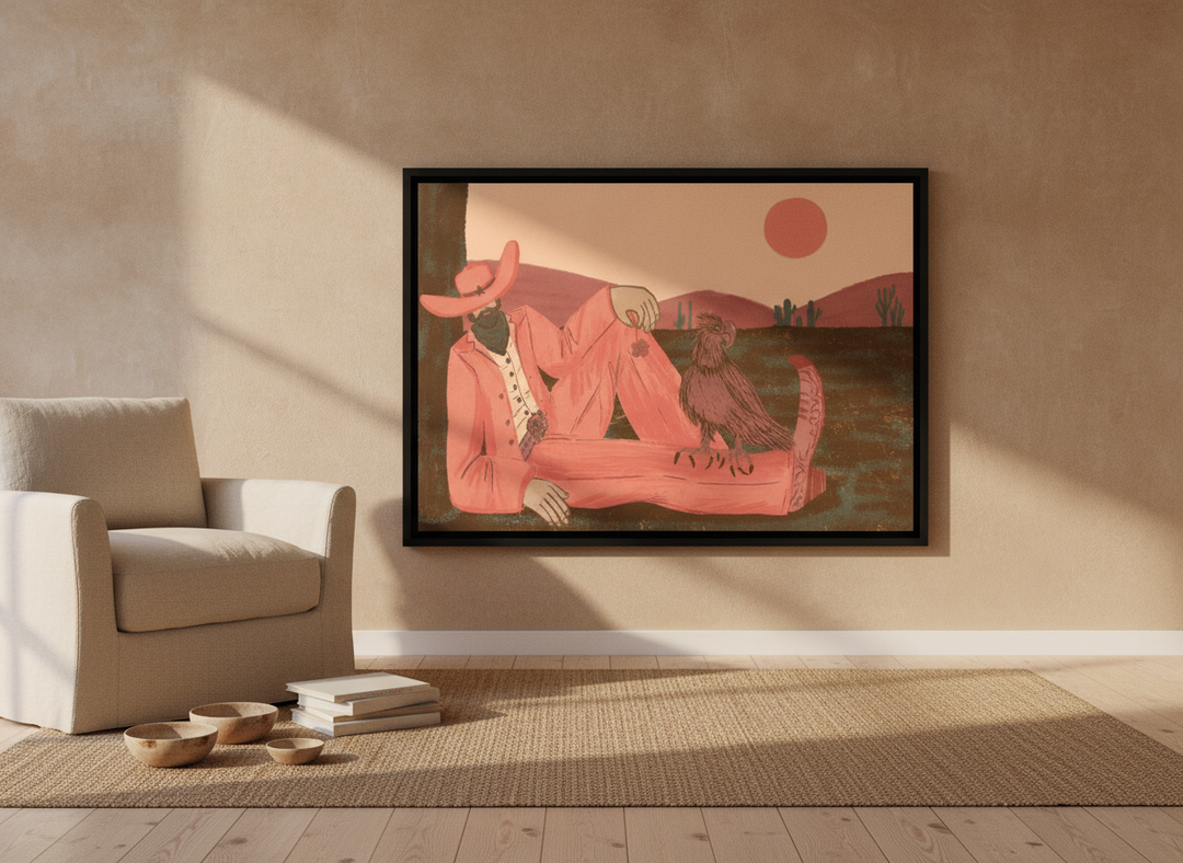 Canvas wall art with a black surround leaning against the wall in a warm Japandi bedroom
