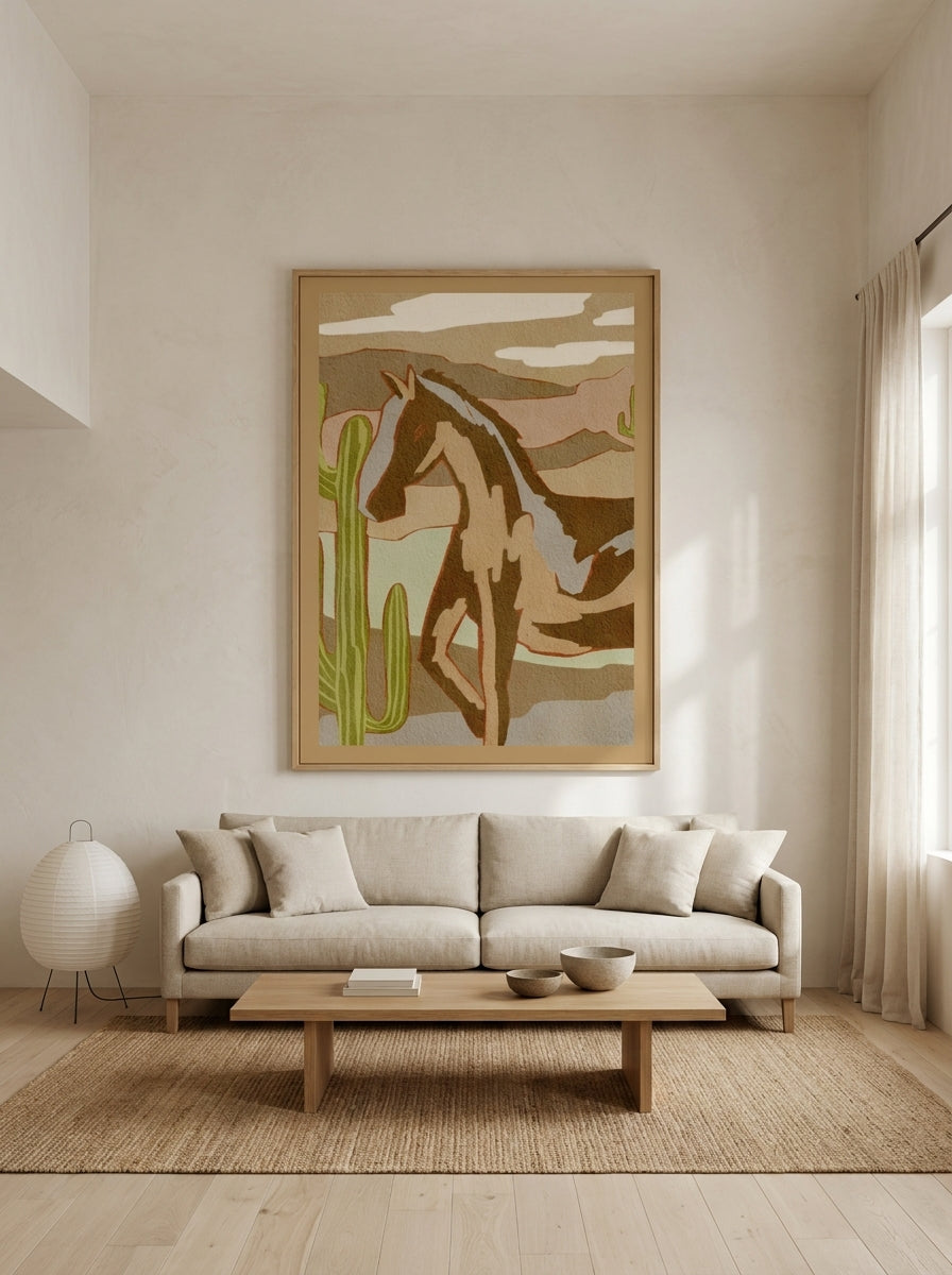 Oversized statement modern wall art print styled on the wall in a warm Japandi living room