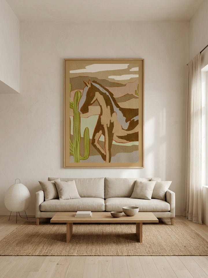 Oversized statement modern wall art print styled on the wall in a warm Japandi living room
