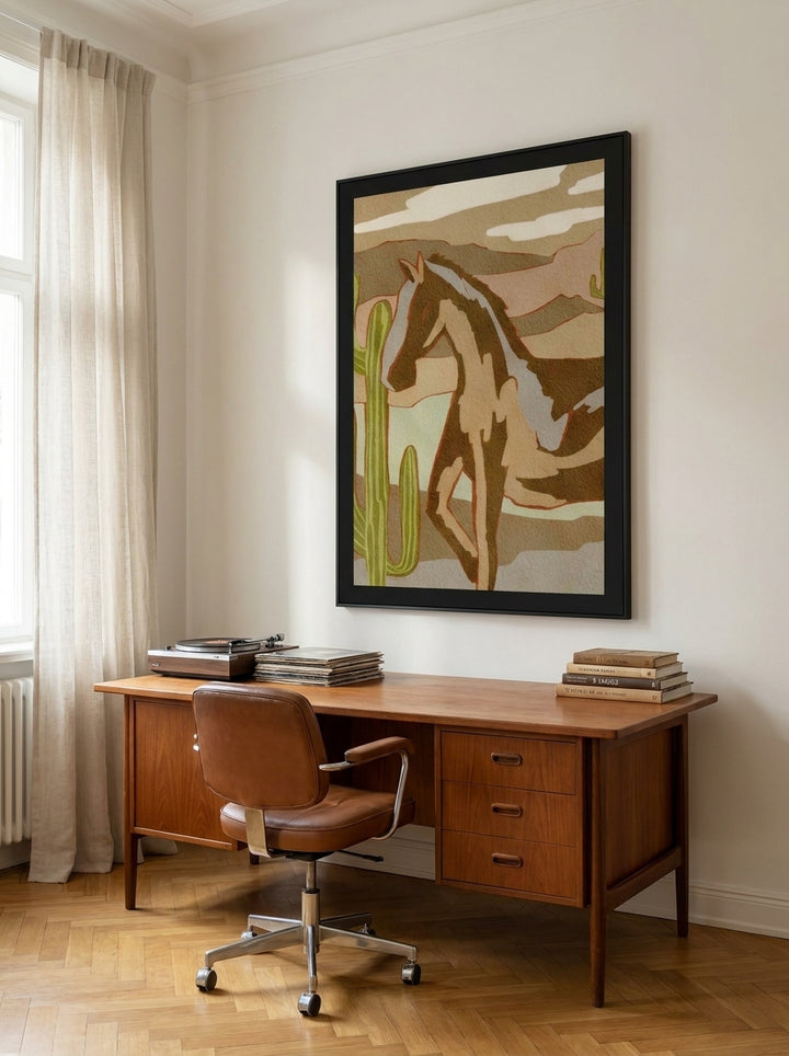 Oversized statement modern wall art print styled on the wall in a mid-century home office