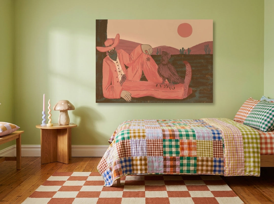 Stretched canvas wall art styled on the wall in a colourful eclectic bedroom